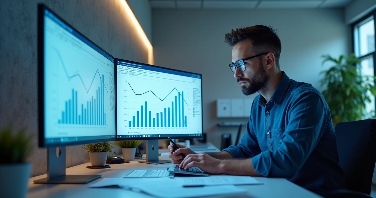 Contador digital analisando dados em computador com relatórios de vendas digitais 