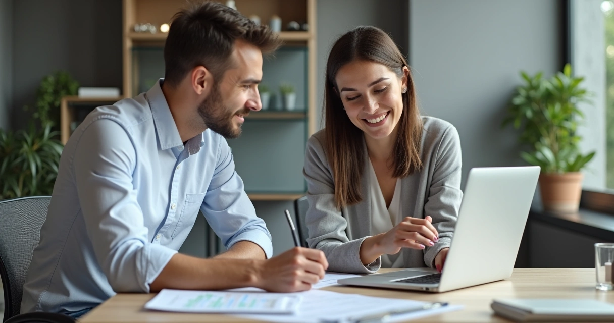 Contador digital orientando empresário na frente de notebook 