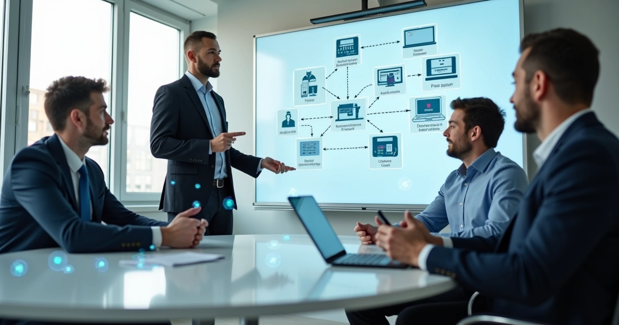 Consultor apresenta soluções digitais para equipe de empresa 