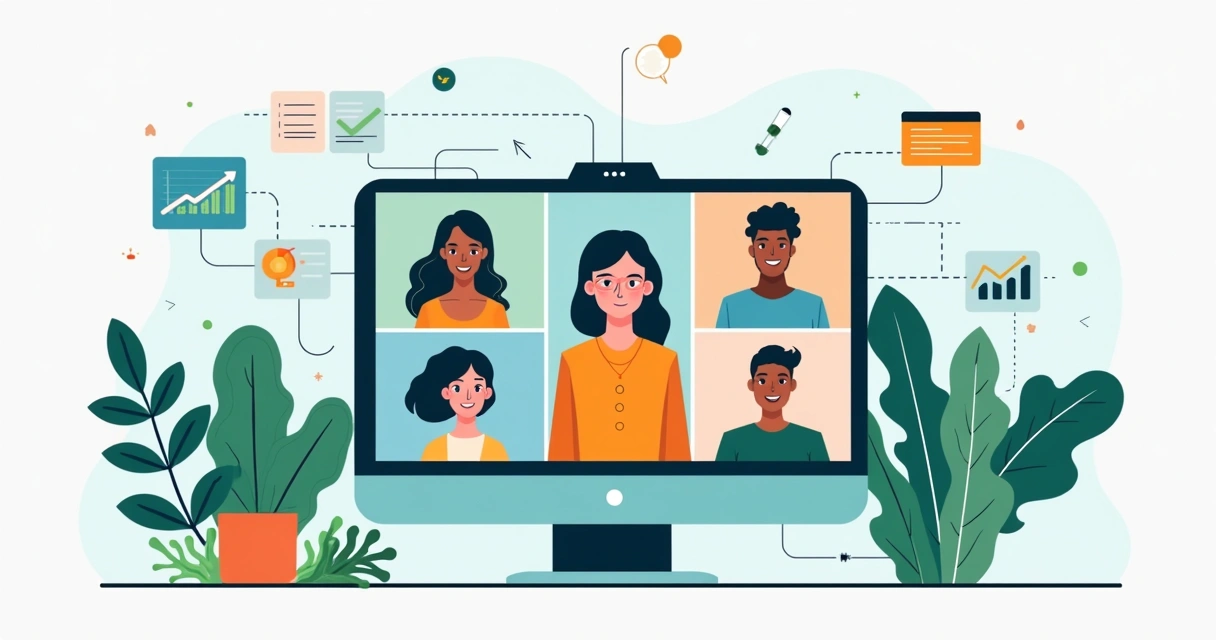 Equipe de trabalho conectada via videoconferência e computador 