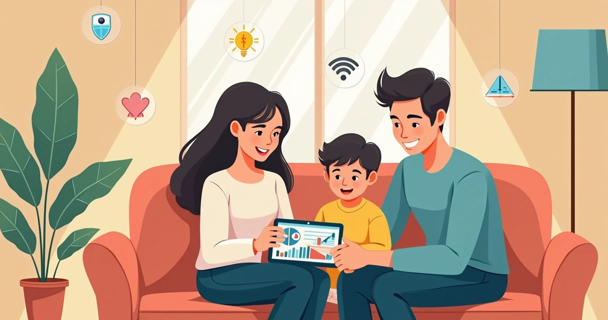 Família consultando consultoria financeira digital por tablet 