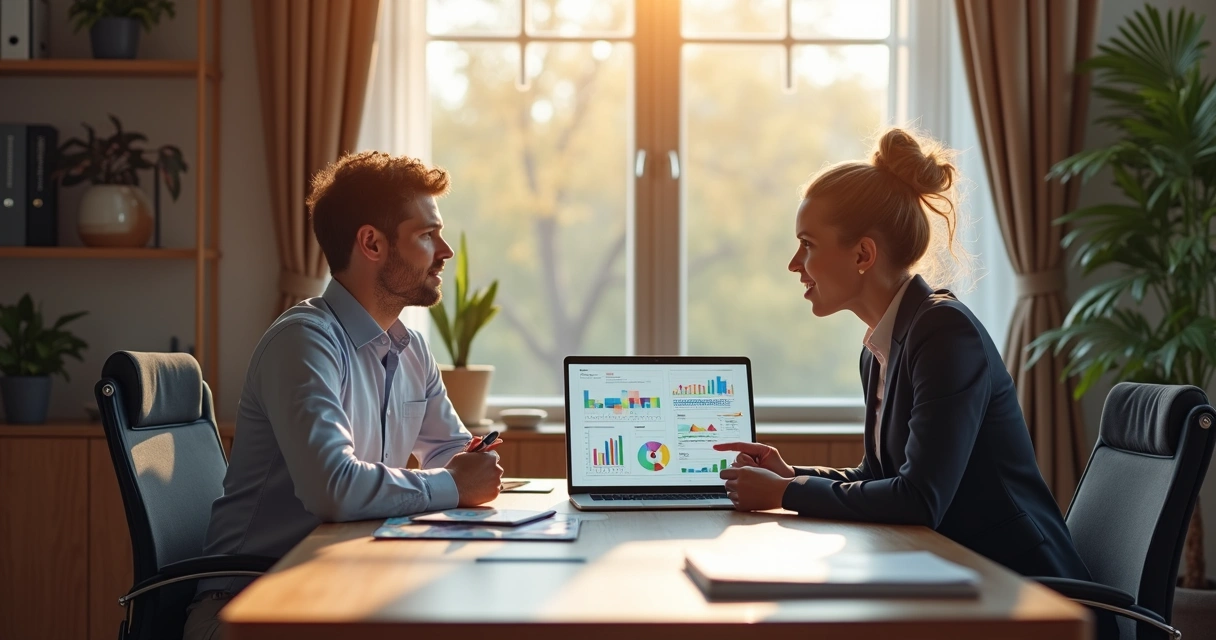 Consultor digital em reunião com cliente, analisando gráficos em notebook 