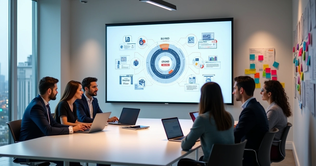 Equipe reunida analisando estratégia de branding 