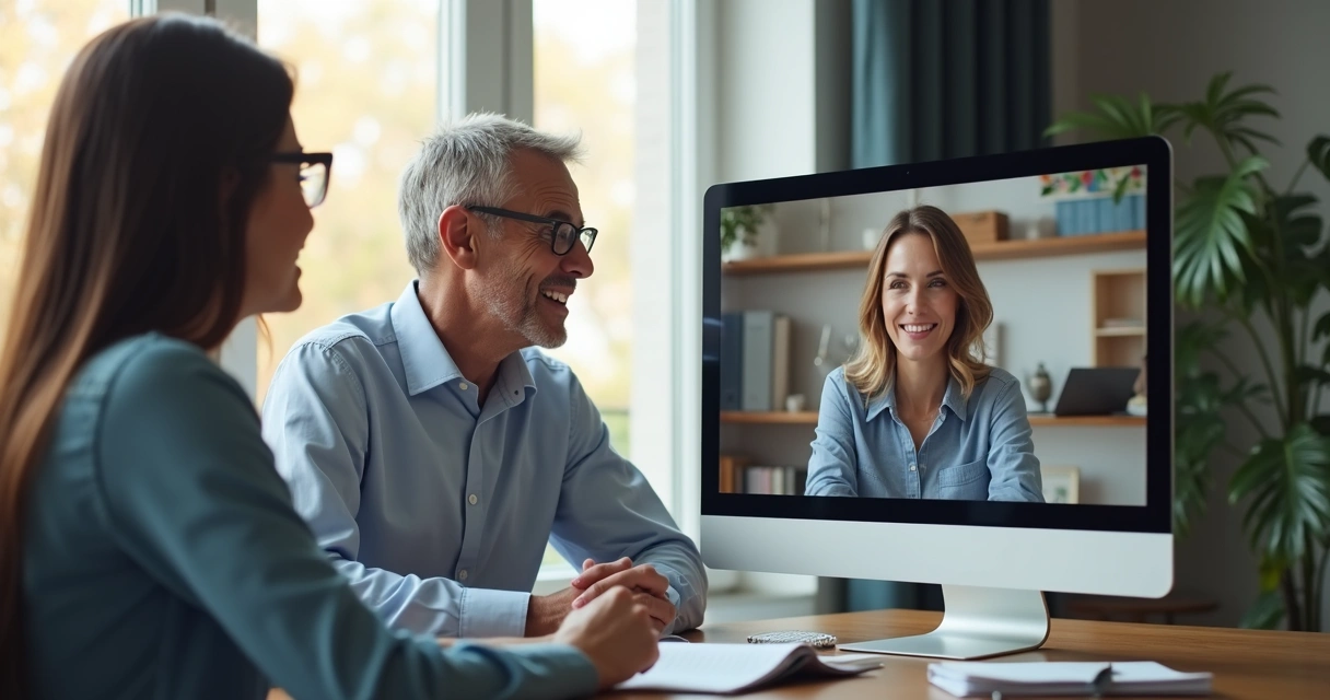 Consultor experiente orientando cliente via videoconferência 