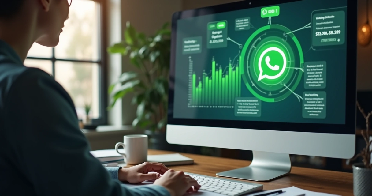Pessoa conversando por WhatsApp no computador enquanto analisa gráficos de vendas 