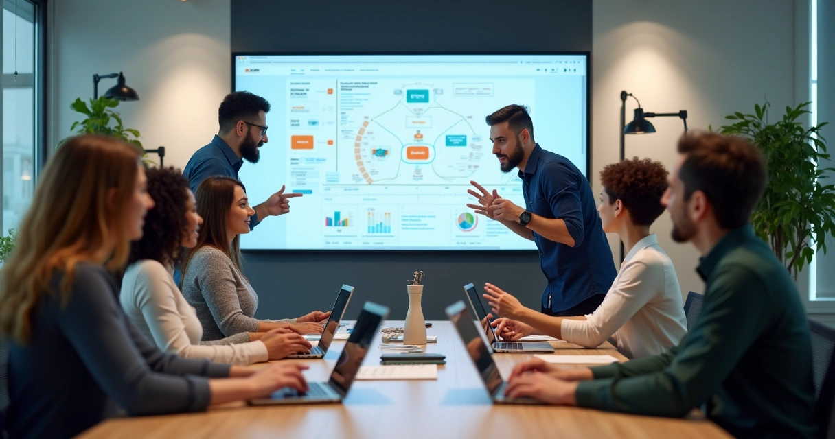 Equipe reunida em consultoria e suporte educacional online 