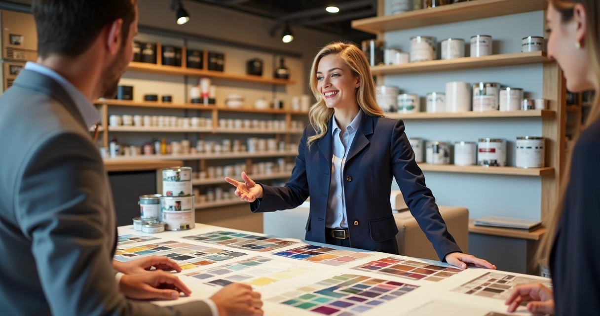 Tinta Acrílica, Látex e PVA: Diferenças e Indicações 2026 2 Consultor Elevato mostrando opções de tinta acrílica e PVA para clientes em loja