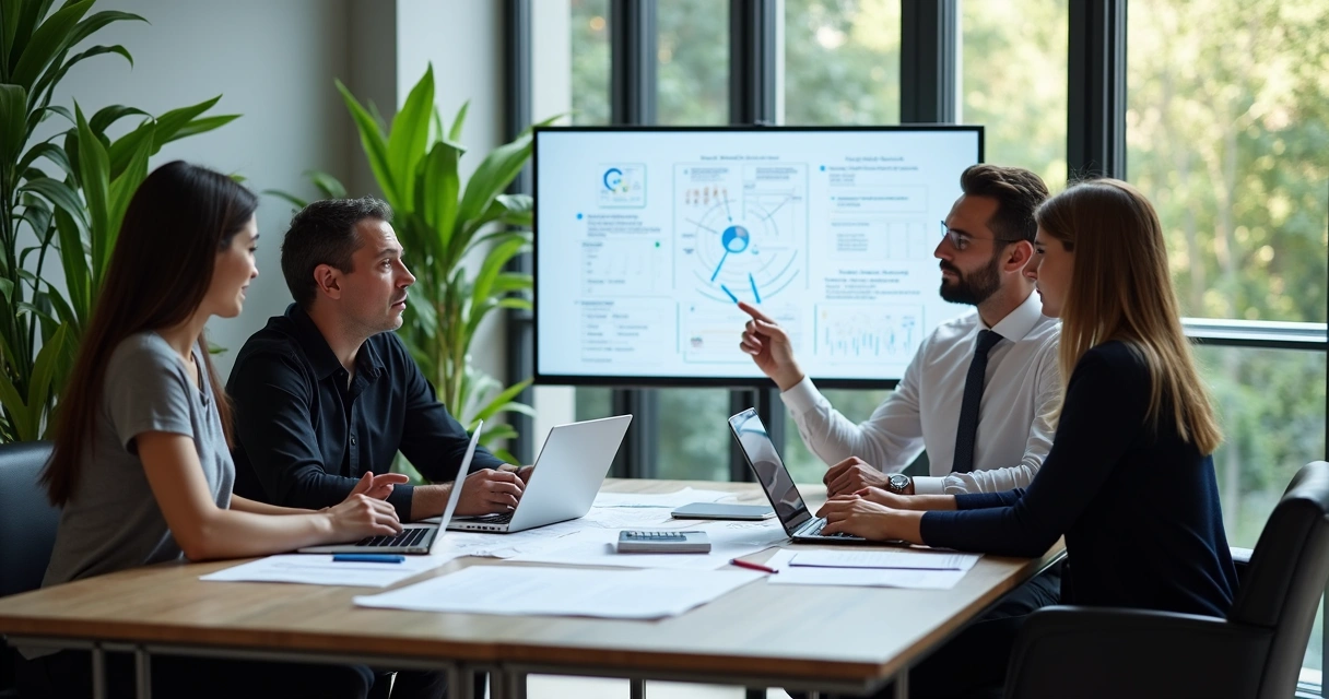 Equipe em reunião estratégica digital 