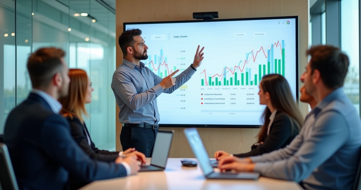 Consultor explicando gráficos financeiros em reunião com empresários 