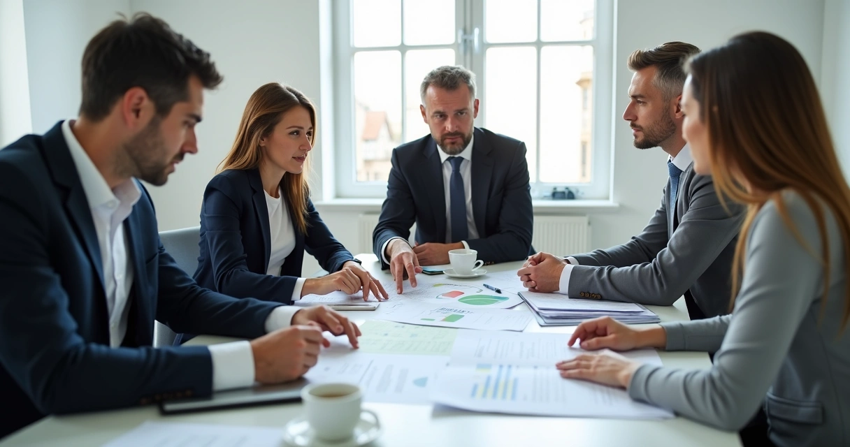 Consultor empresarial analisando documentos fiscais com clientes 