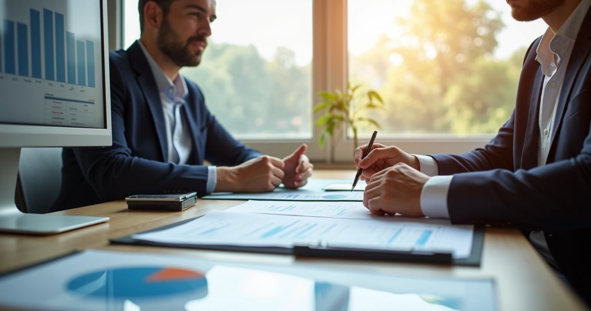 Contador e empresário conversando em mesa com gráficos e caneta 