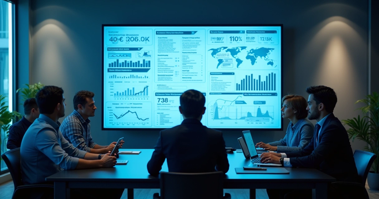 Equipes de consultoria empresarial analisando dados em tela grande em ambiente corporativo