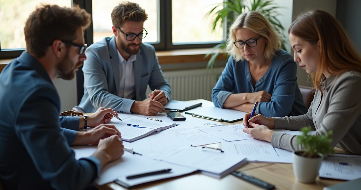 Equipe consultoria analisando documentos para licença de empresa 