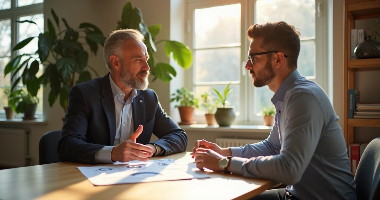 Consultor orientando dono de pequeno negócio em sala clara com papéis na mesa 