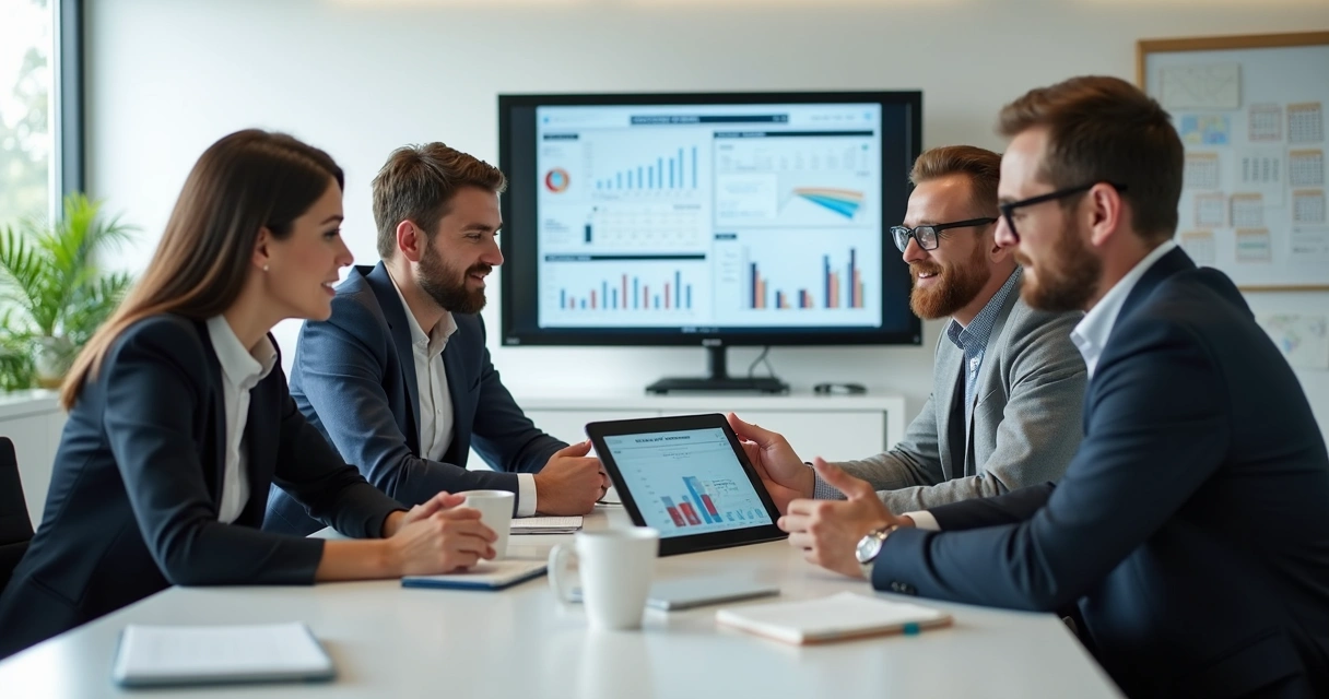 Equipe de consultores discutindo análise de viabilidade em reunião 