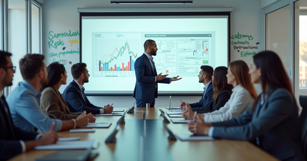 Equipe reunida em sala de reunião analisando processos empresariais