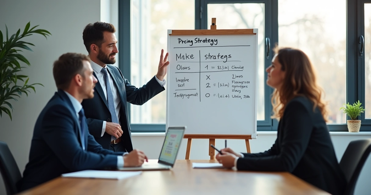 Consultor explicando estratégias de precificação para dois empreendedores em sala de reunião 