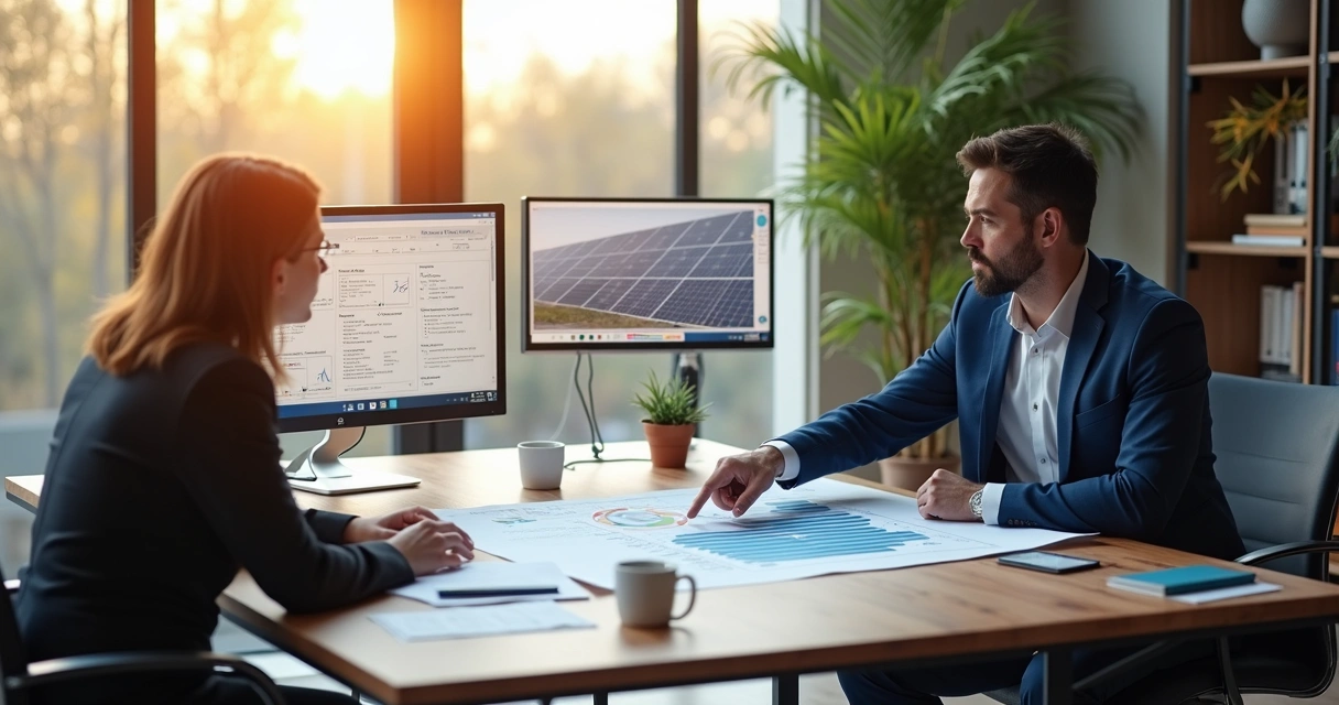 Conselheiro de energia solar analisando projeto com empresário 