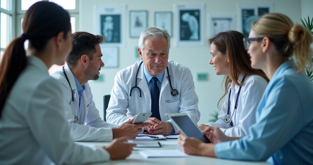 Especialista orientando médicos em escolha de equipamentos 