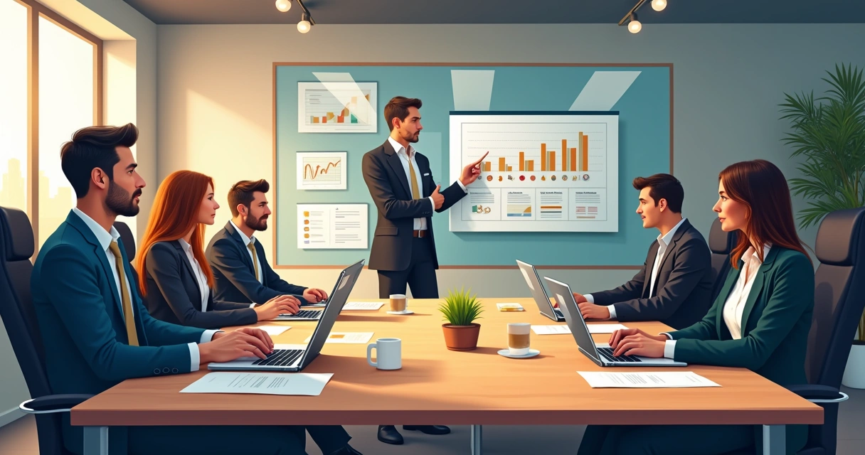 Equipe analisando processos de vendas em sala de reunião 