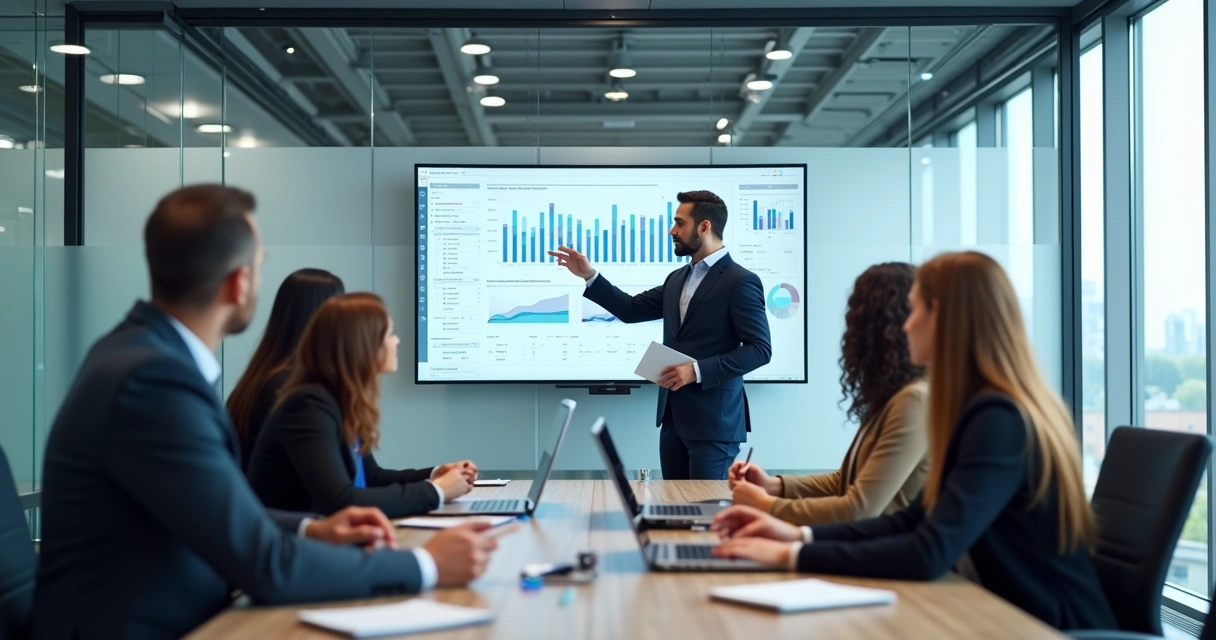 Consultor ERP analisando gráficos e colaborando com equipe em sala de reunião 