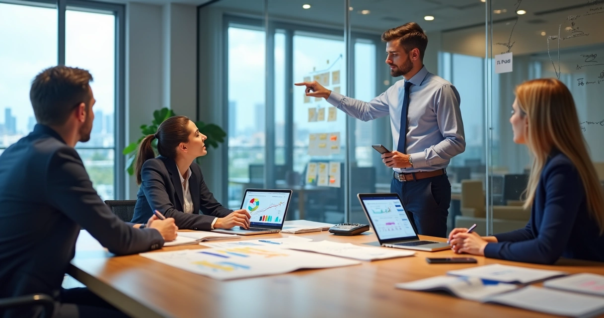 Reunião de consultoria em escritório contábil analisando gráficos de vendas em um laptop 