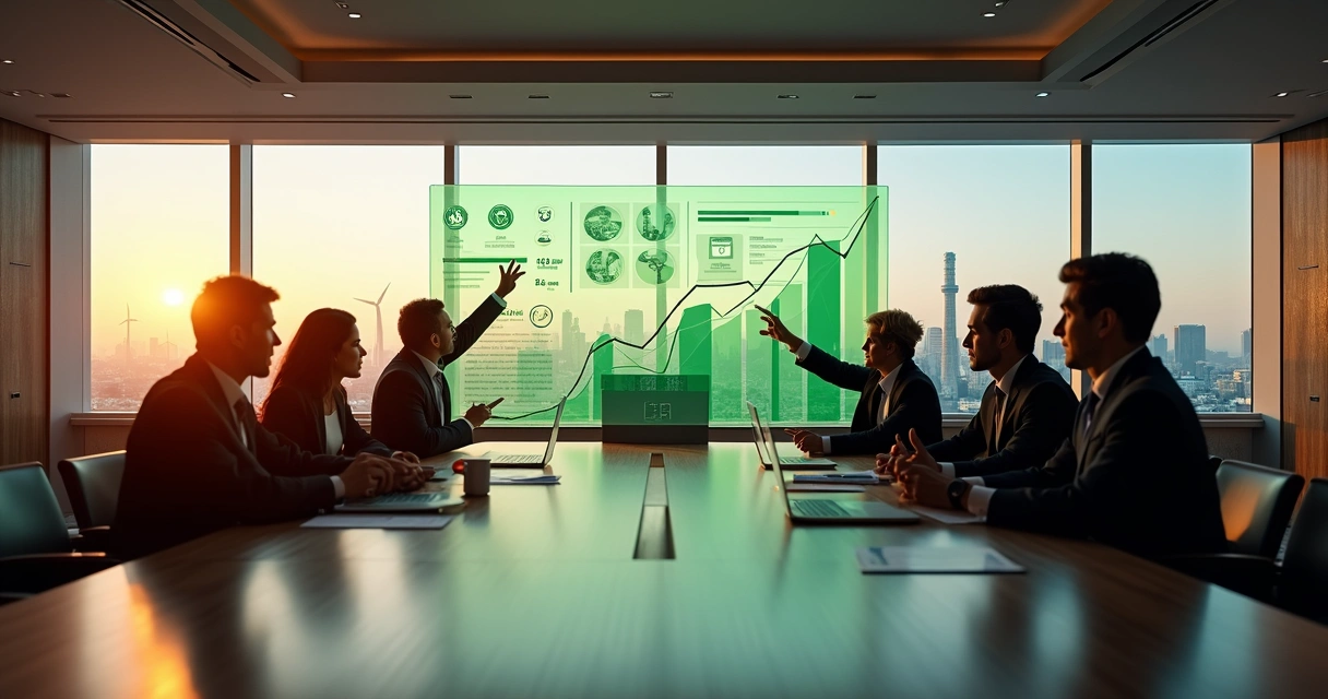 Reunião de executivos analisando painel digital com indicadores ESG e normas regulatórias 
