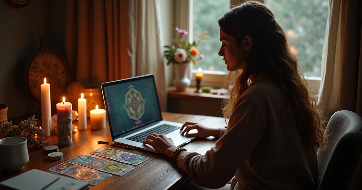 Consultora espiritual online em um ambiente acolhedor, com cristais e cartas de tarot sobre a mesa