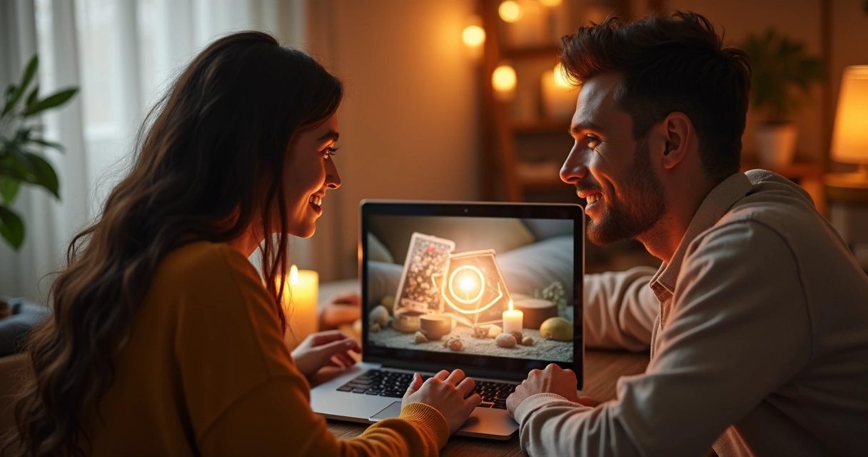 Casal em videochamada recebendo orientação espiritual 