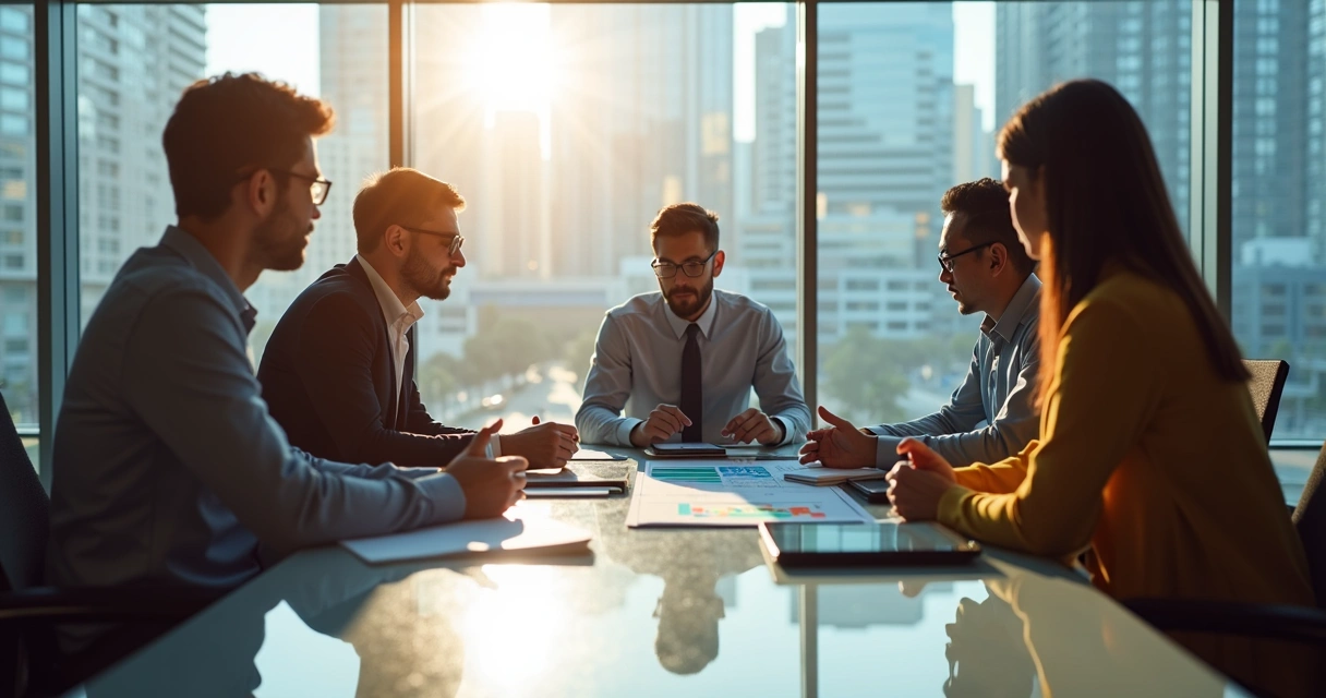 Consultor interagindo com equipe comercial em uma sala de reunião moderna
