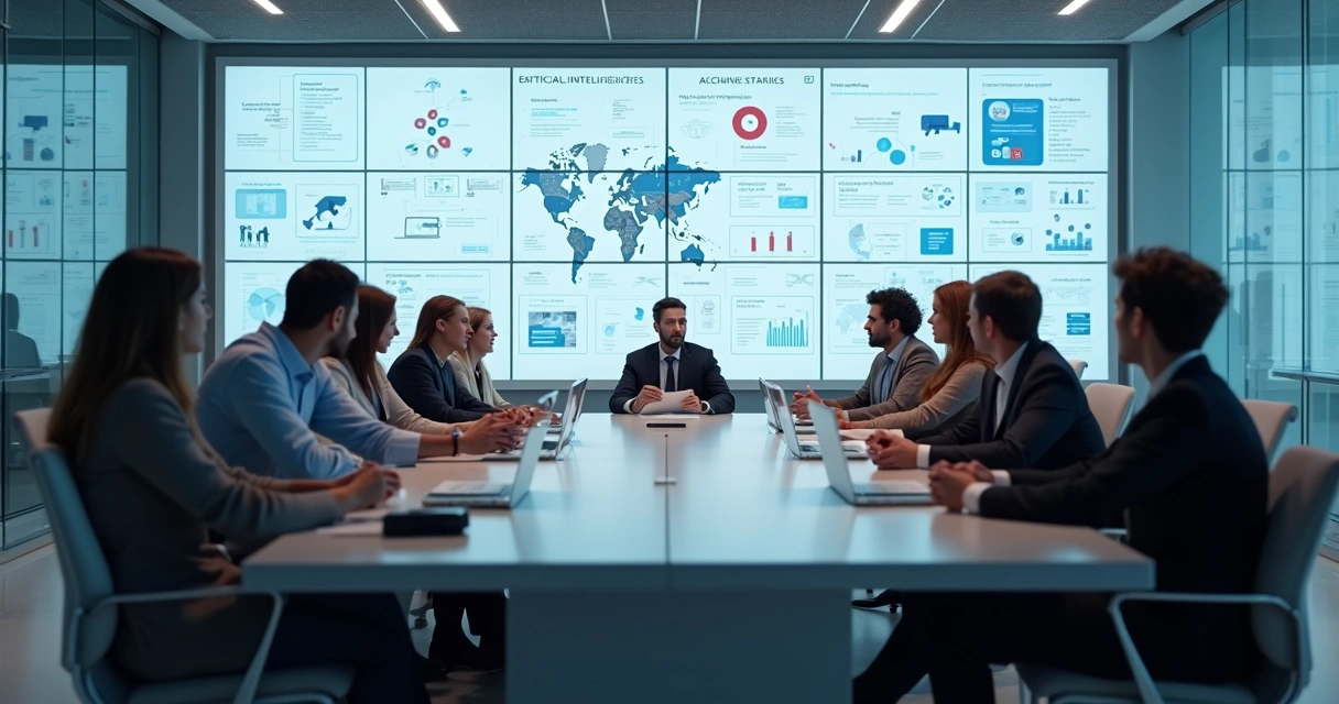 Equipe de consultoria de IA reunida em ambiente corporativo moderno 