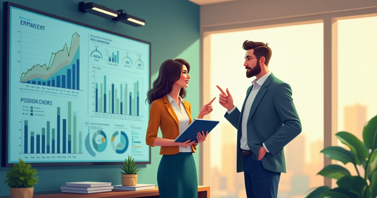 Consultor orientando empresário sobre gráficos financeiros digitais