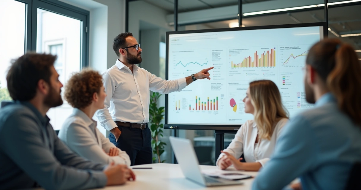 Consultor orientando equipe em ambiente de trabalho moderno 