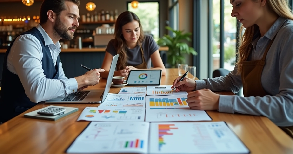 Consultor analisando custos com dona de restaurante em mesa com gráficos e laptop 