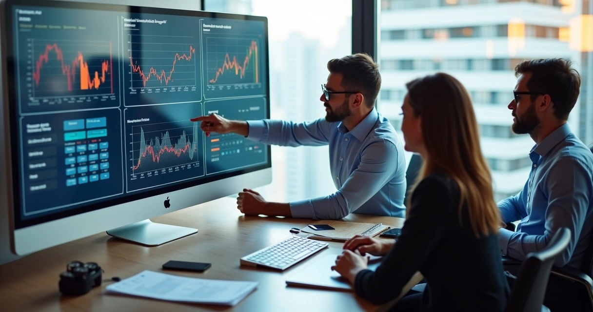 Consultor explicando painel financeiro a clientes 