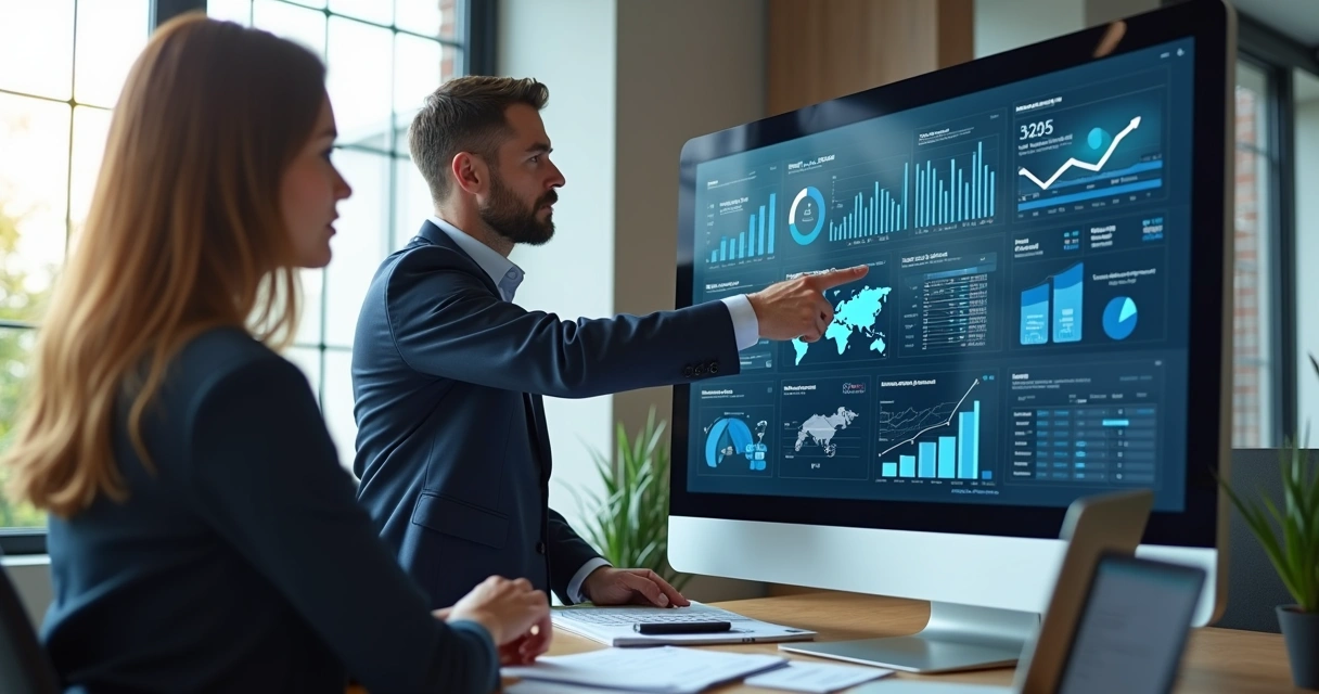 Consultor financeiro analisando gráficos digitais em tela grande com cliente ao fundo 