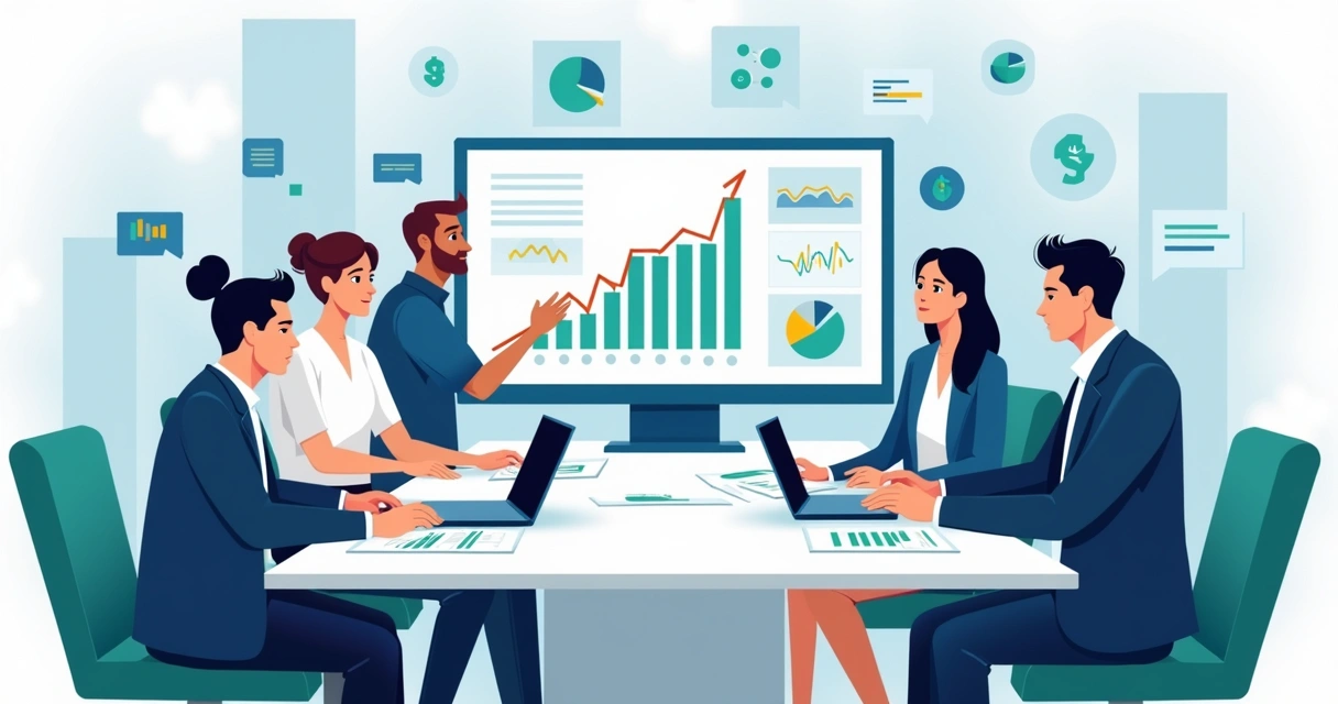 Equipe de consultores financeiros analisando gráficos e dados em tela de computador em escritório moderno 