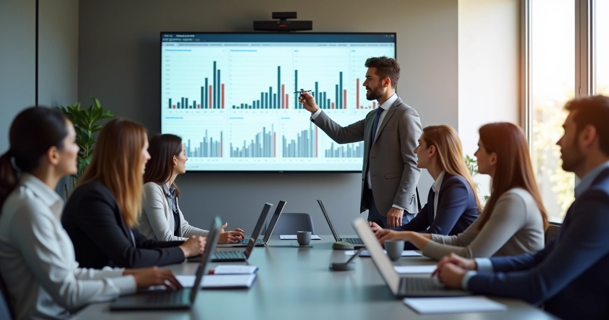 Grupo de pessoas em consultoria financeira numa sala com tela mostrando gráficos 