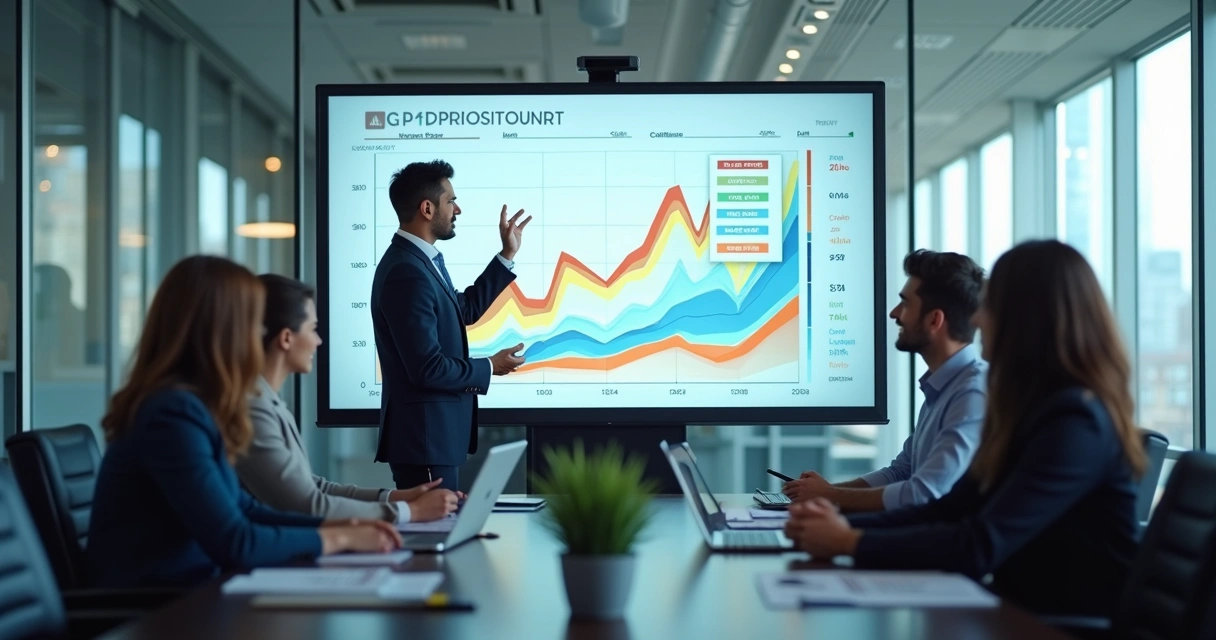 Consultor financeiro explicando fluxo monetário para equipe executiva 