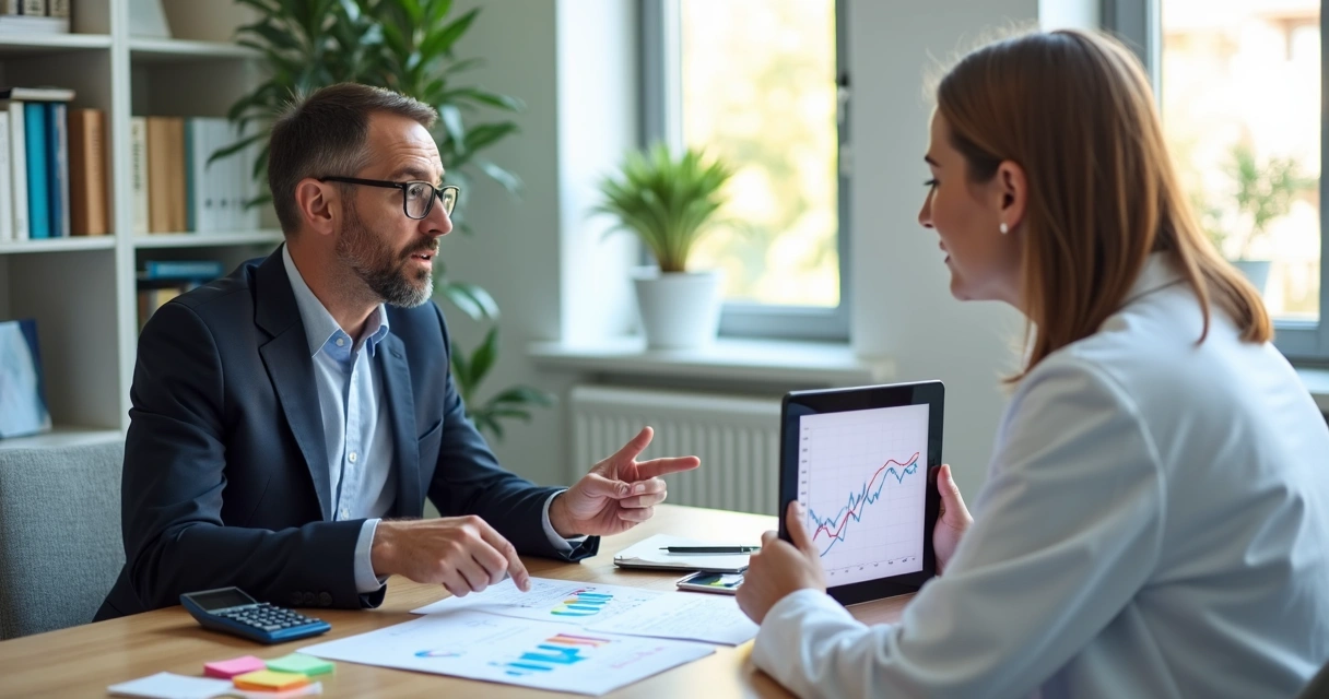 Consultor orientando médico sobre finanças na mesa
