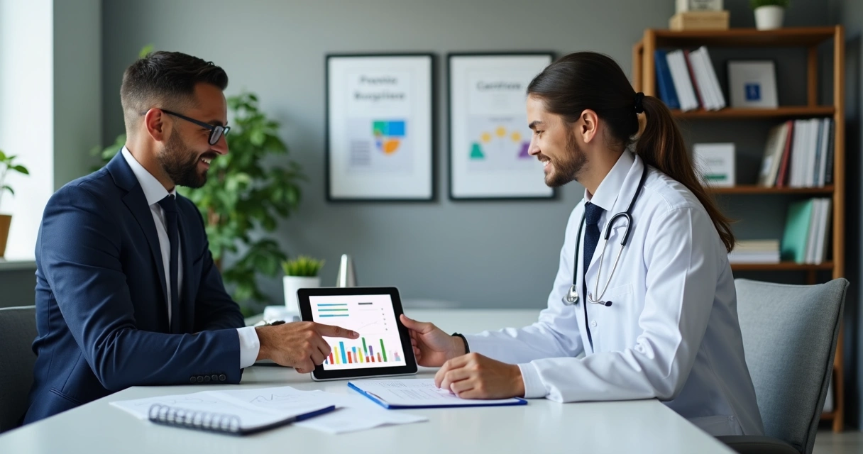 Consultor financeiro mostrando gráficos a médico em consultório, ambos discutem finanças 