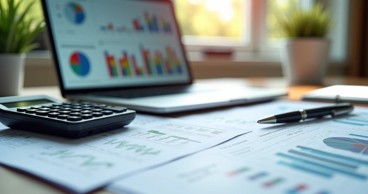 Mesa de escritório com documentos financeiros, calculadora, laptop aberto mostrando gráficos e relatórios, e uma caneta sobre planilha de controle financeiro 