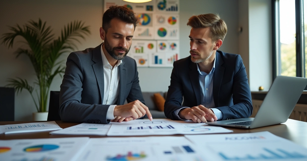 Reunião de consultoria financeira em escritório moderno, com gráficos e documentos sobre a mesa 