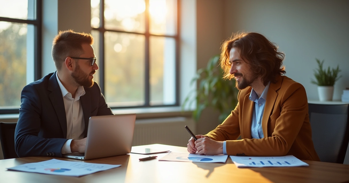 Consultor conversando com empresário em sala moderna 