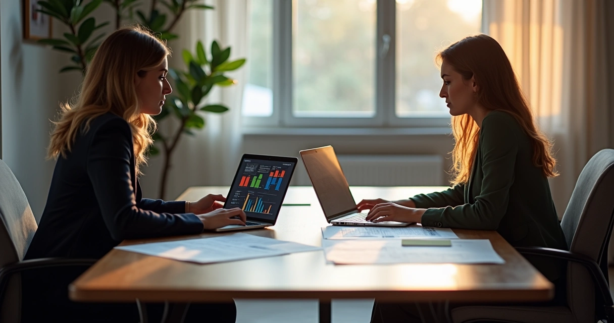Duas pessoas conversando sobre consultoria financeira, mostrando gráficos financeiros 