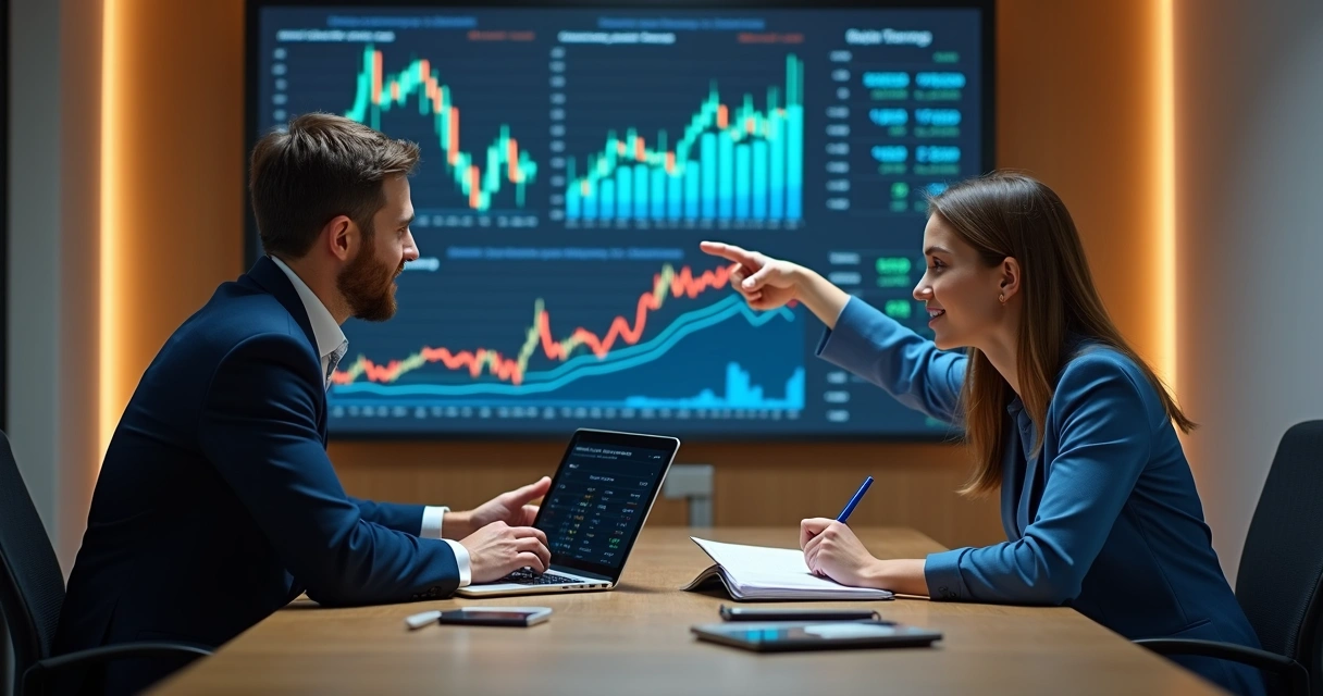 Educador financeiro analisando extrato e conversando com cliente usando notebook 