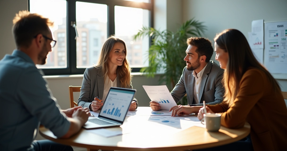 Equipe reunida com consultora financeira analisando gráficos em sala de reunião 
