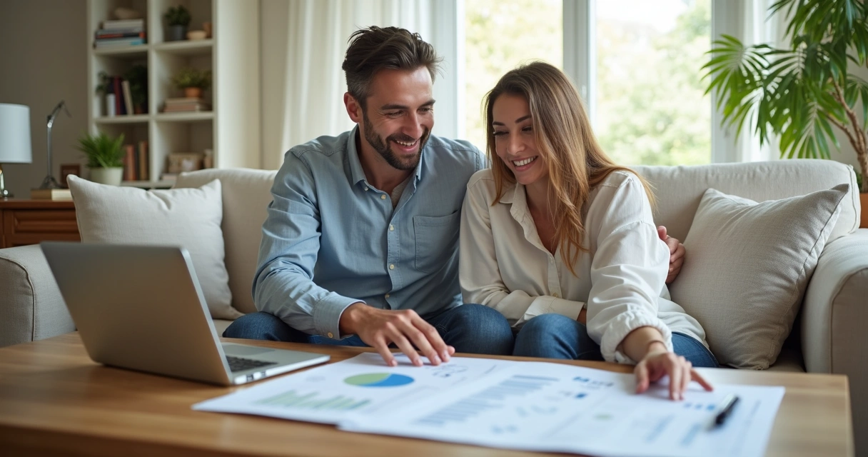 Homem e mulher felizes olhando relatório de investimentos no sofá de casa 