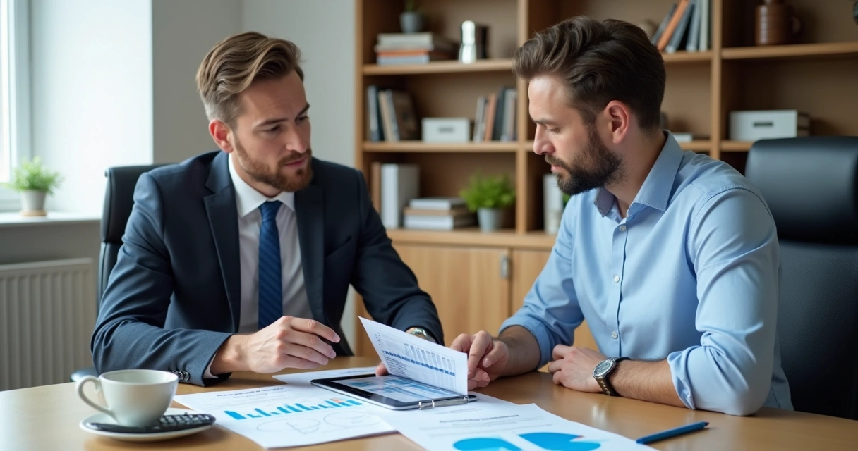 Consultor contábil orientando empreendedor em mesa de reunião
