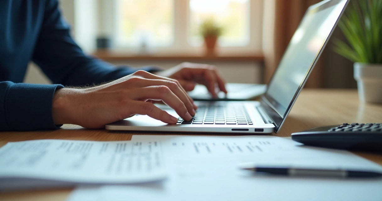 Profissional de consultoria fiscal preenchendo documentos em um notebook com recibos ao lado 